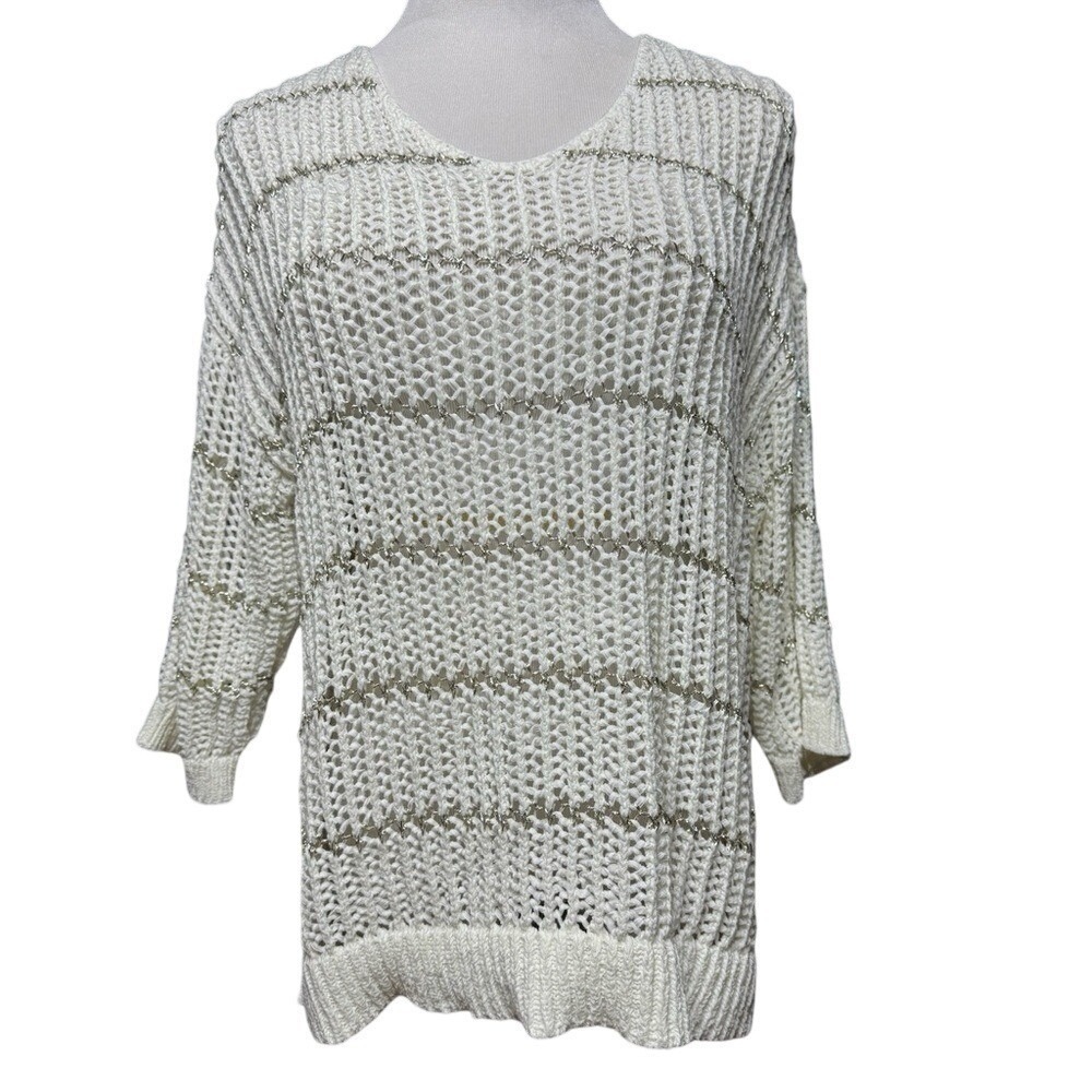Chicos Sweater Womens 2 L Metallic Stripe Ecru White Crochet Knit V-Neck Top
